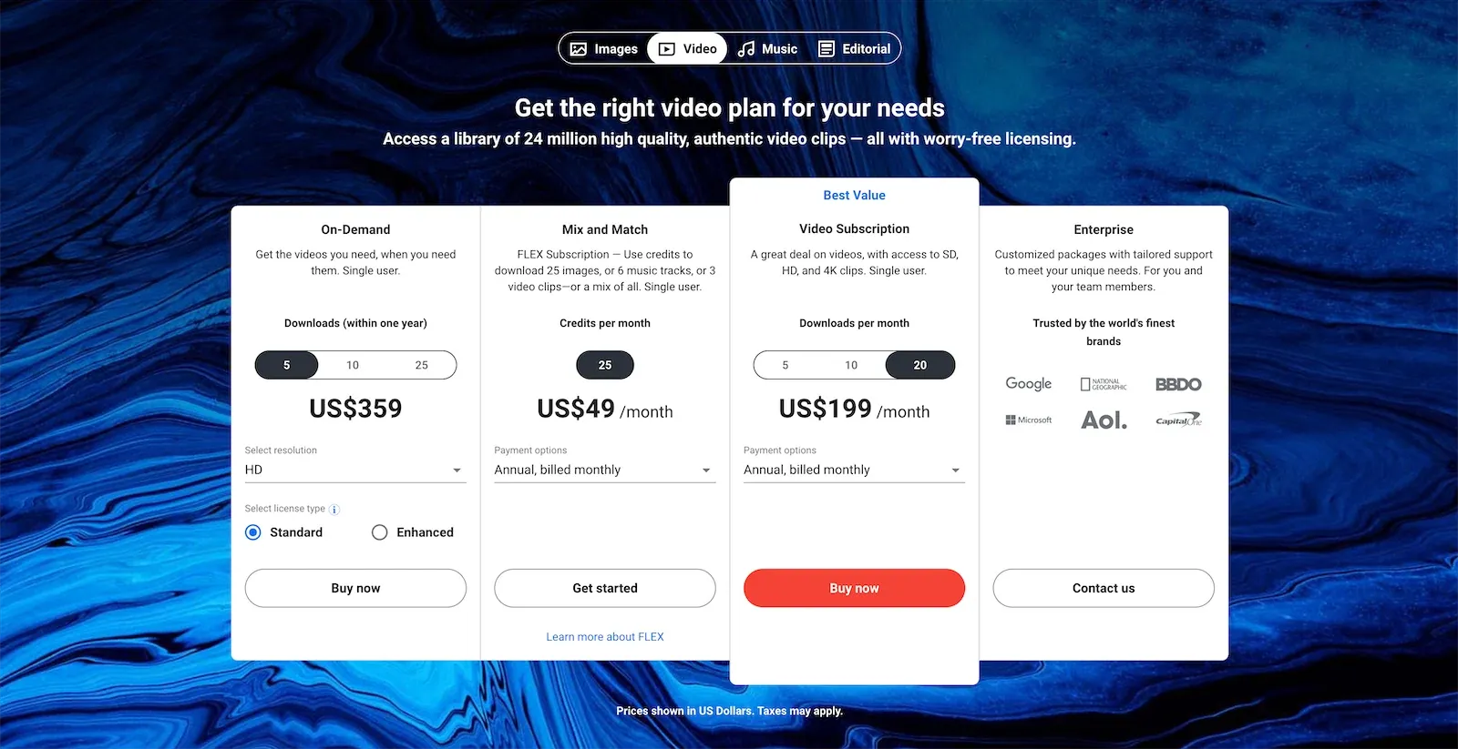 Página de precios de Shutterstock con cuatro planes, donde el plan «Video Subscription» aparece visualmente destacado con etiqueta «Best Value» y botón rojo «Buy now», frente a los botones más discretos del resto de planes