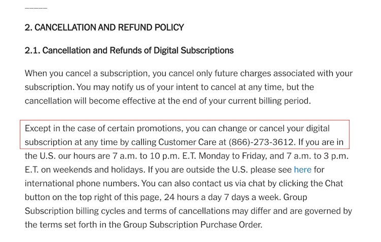 Política de cancelación de The New York Times donde se indica que para cancelar la suscripción digital hay que llamar por teléfono al servicio de atención al cliente