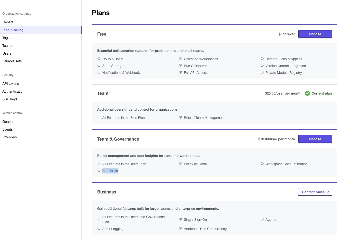 Panel de administración de Terraform Cloud mostrando que «Run Tasks» es en realidad un complemento de pago adicional dentro del plan Team & Governance, no incluido en el precio base