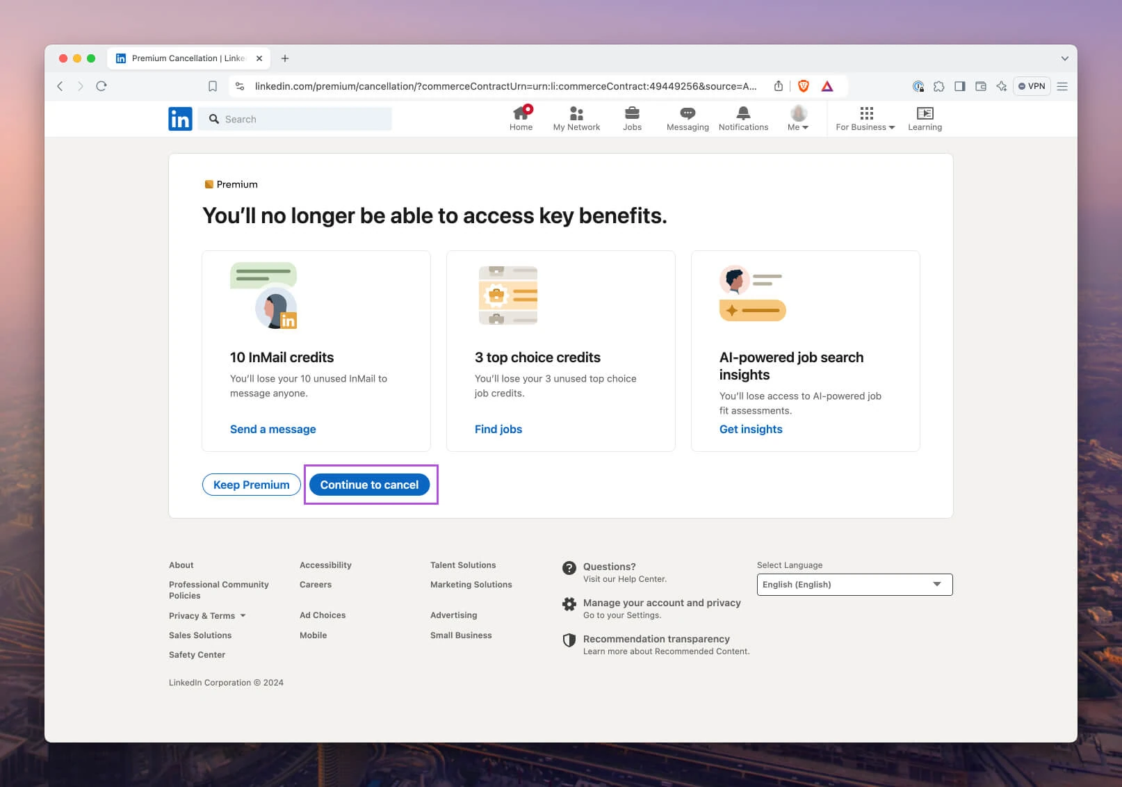 Pantalla de cancelación de LinkedIn Premium enumerando los beneficios que se perderán: 10 créditos InMail, 3 créditos Top Choice Jobs e insights de IA, junto a botones «Keep Premium» y «Continue to cancel»