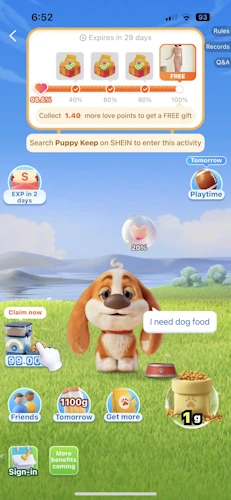Juego de mascota virtual en la app de Shein con barra de progreso para conseguir un regalo gratis, diseñado para mantener al usuario interactuando con la plataforma