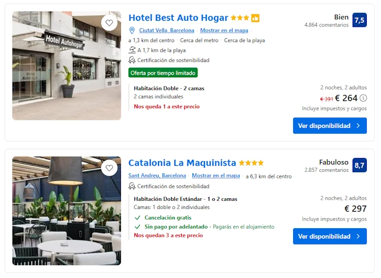 Listado de hoteles en Booking.com con mensajes de escasez en rojo («Nos queda 1 a este precio», «Nos quedan 3 a este precio») junto a etiquetas de «Oferta por tiempo limitado»