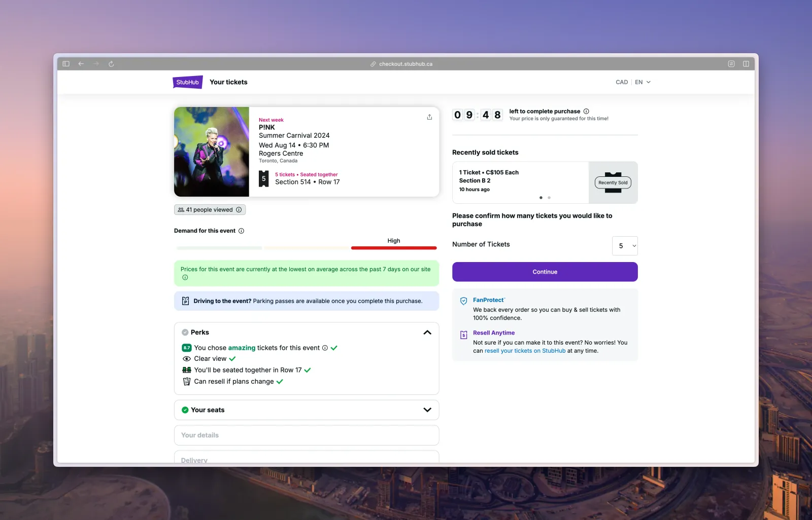 Proceso de compra de entradas en StubHub con temporizador de cuenta atrás de 10 minutos en la esquina superior derecha de la pantalla