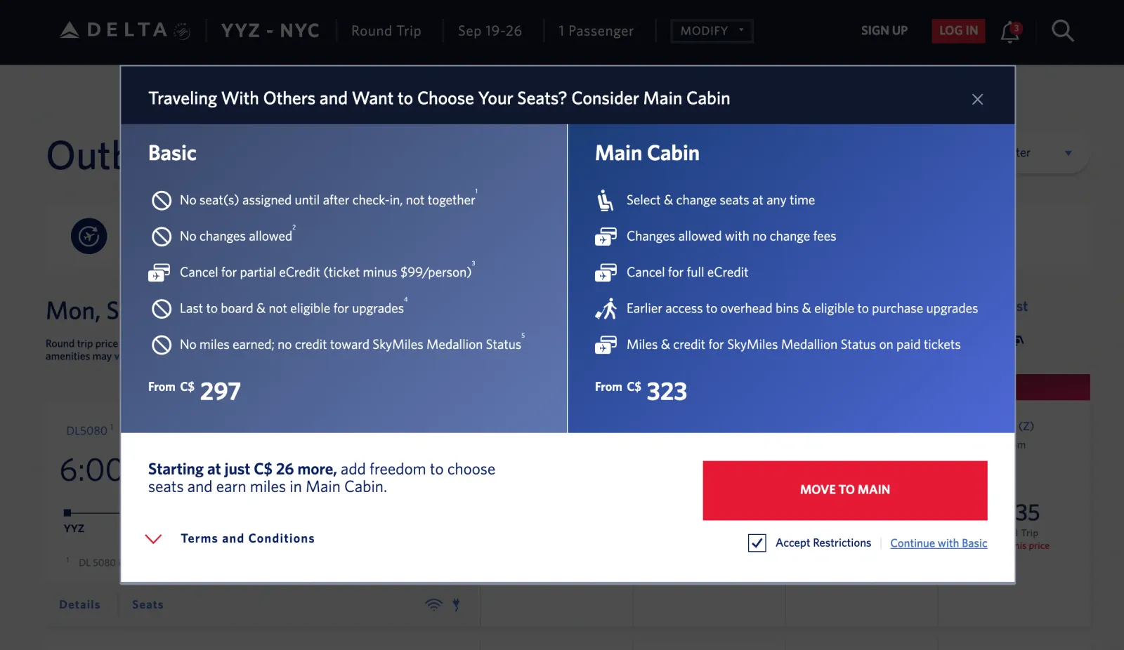 Modal de Delta Airlines comparando las tarifas Basic y Main Cabin, con el botón «MOVE TO MAIN» en rojo muy destacado y la opción «Continue with Basic» como texto apenas visible