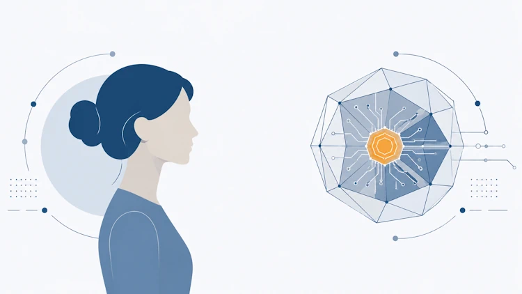 Ilustración de una persona mirando frente a frente una red neuronal, representando la relación entre humanos e inteligencia artificial