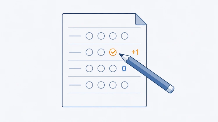 Hoja de examen tipo test con una respuesta marcada que suma un punto y una pregunta sin responder que obtiene cero puntos