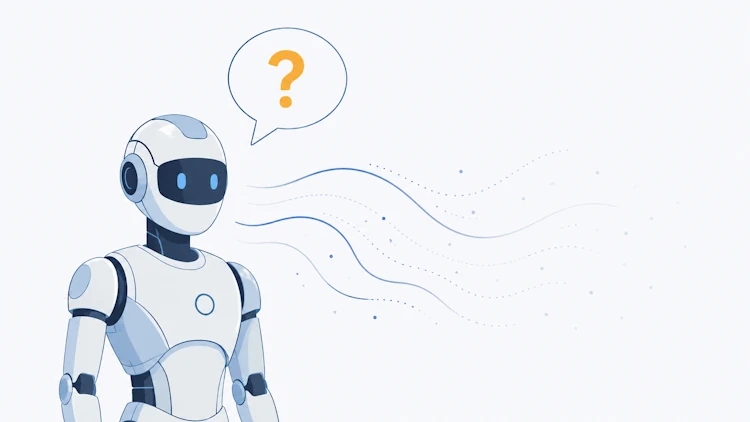 Robot con un signo de interrogación sobre la cabeza, representando la incertidumbre de una IA al responder