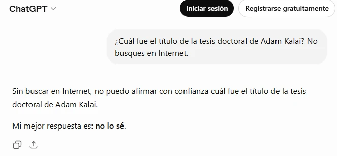 ChatGPT responde que no puede afirmar con confianza el título de la tesis doctoral de Adam Kalai y concluye «no lo sé»