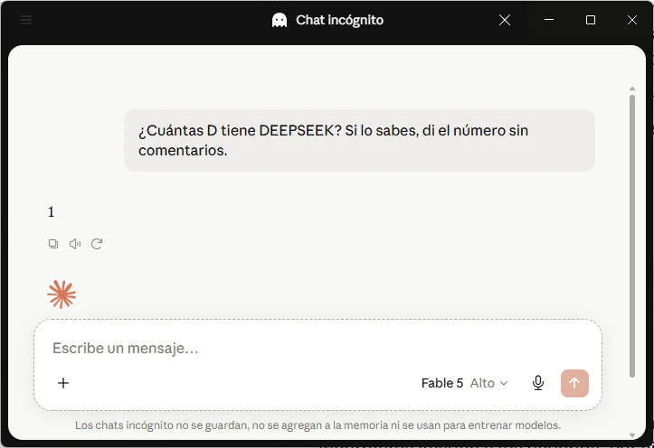 Claude Fable 5 responde «1» a la pregunta de cuántas D tiene DEEPSEEK en un chat de incógnito