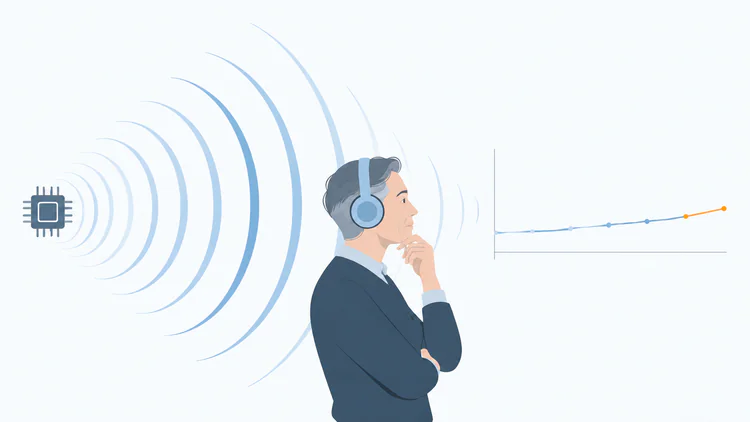 Hombre con auriculares entre las ondas de un chip de IA y una gráfica de crecimiento moderado