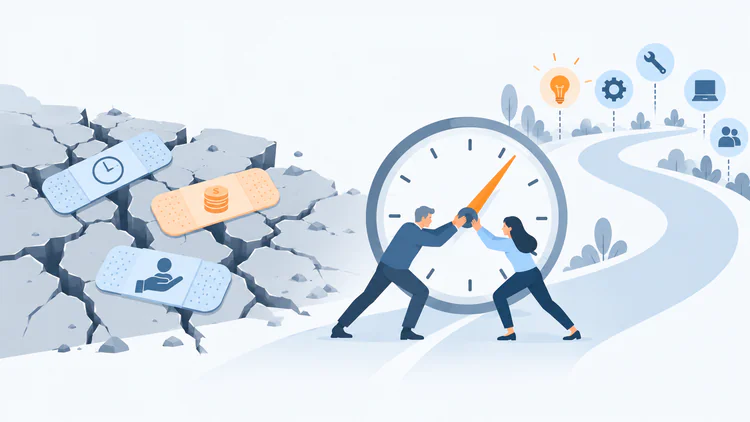 Tiritas con símbolos de tiempo, impuestos y ayudas sobre un suelo agrietado, frente a dos personas que reorientan las agujas de un reloj hacia la innovación