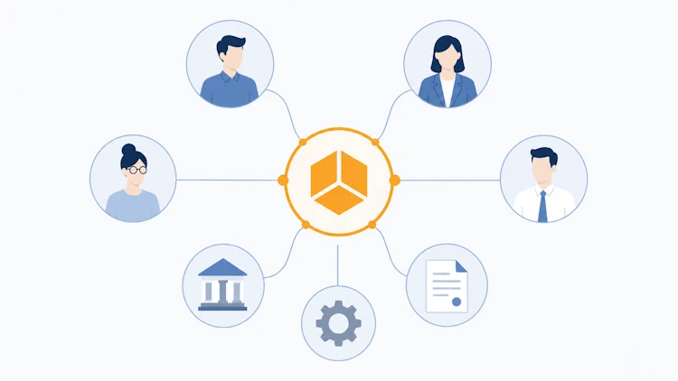 Mapa de stakeholders con iconos conectados alrededor de una figura central