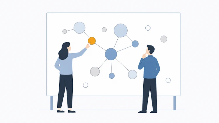 Dos personas organizando nodos y relaciones en un mapa de stakeholders